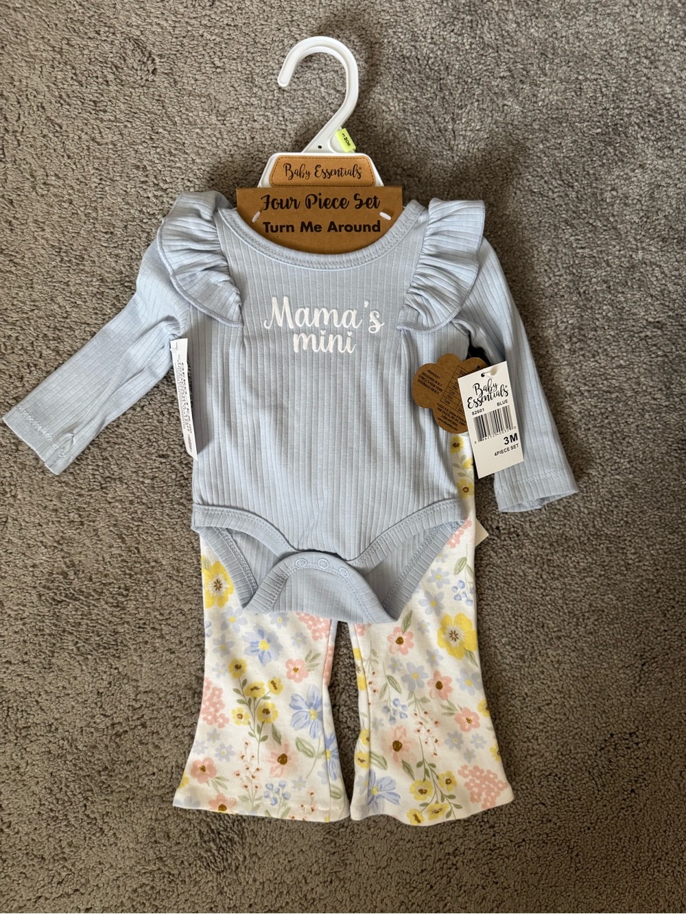 Baby Essentials Light Blue Ribbed Ruffle Bodysuit with Floral Pants